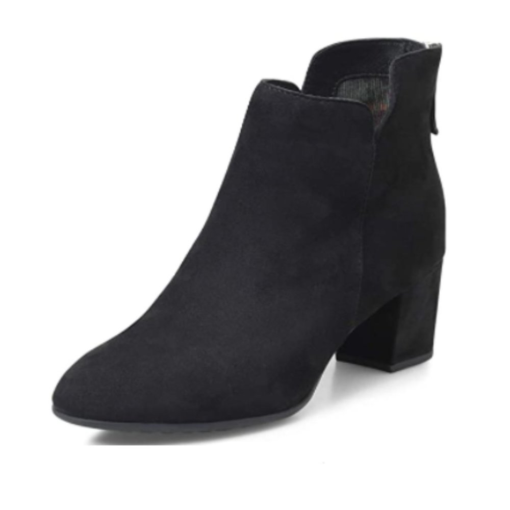 YDN Black Closed Round Toe Chelsea Block Low Heel Back Zipper Ankle Boots